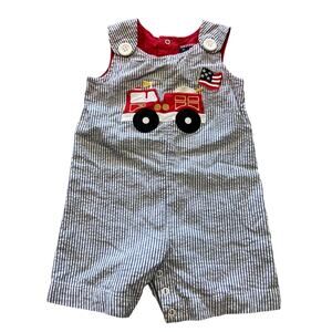 Cre8tions Little Boys Seersucker Jumpsuit Firetruck Size 12 Months